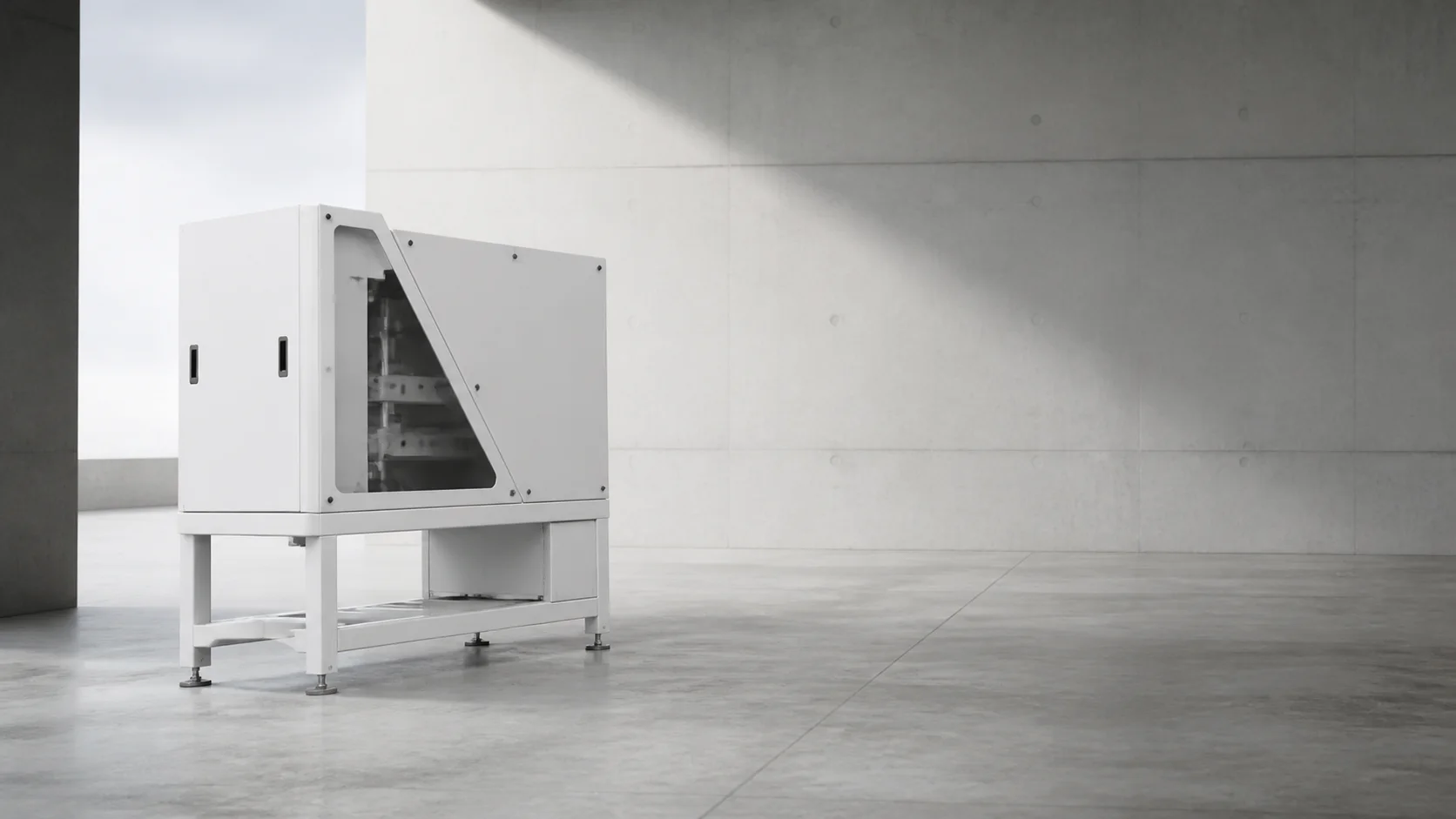Fictional white sheet-metal machine enclosure displayed in a concrete gallery